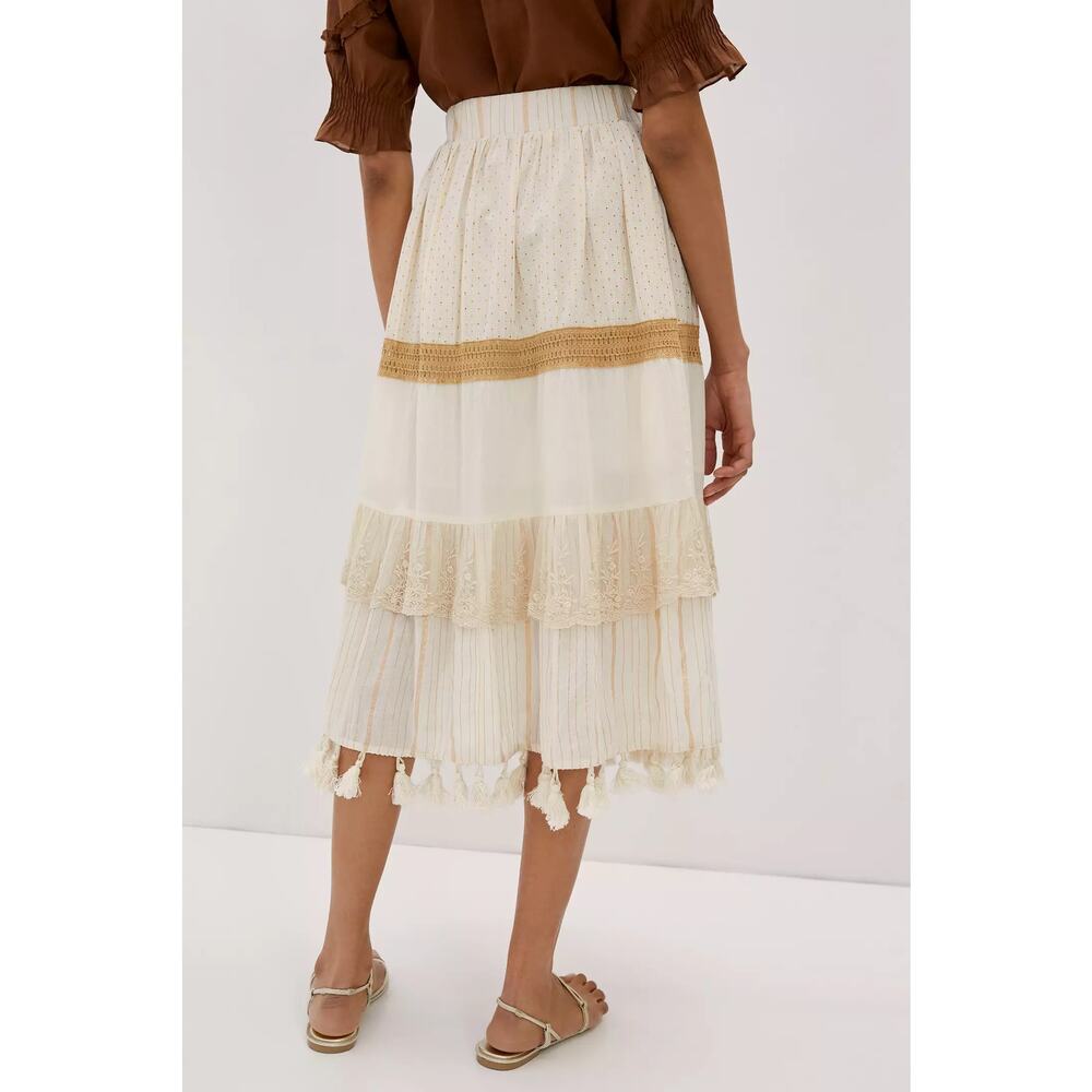 Anthropologie Skirt Womens Small NWT Midi Raga Raffaella Tasseled Boho Tan Cream - Picture 3 of 10